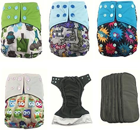 Nooya 4Pcs Leakproof Designed Bamboo Cloth Diapers ,Cute Pringting Pocket Cloth Diaper, Reusable and Washable Nappy Diapers ,Adjustable Snap All in one Size (4 Bamboo Covers+8 Bamboo inserts)(1)