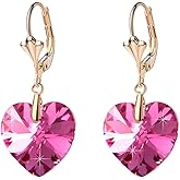 Austrian Crystal Heart Drop Leverback Earrings for Women Fashion Dangle Earring 14K Rose Gold Plated Hypoallergenic Jewelry