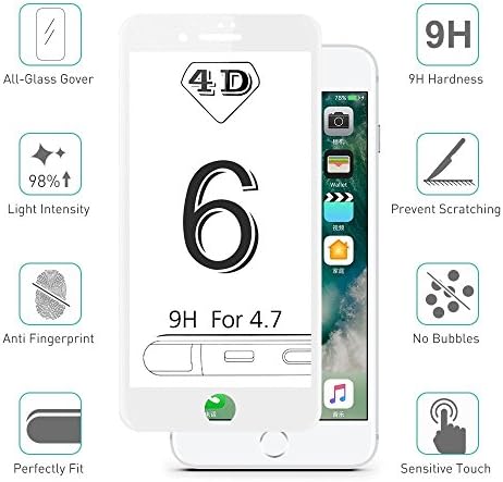 iPhone 6 6S Screen Protector Tempered Glass Film 4D Edge To Edge Full Coverage Curve Protection Protectors by RICKI (iPhone 6 / 6S White)