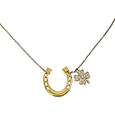 AVAONE 18K Gold Plated Lucky Charm Necklace with Horseshoe & Four Leaf Clover Pendant, Adjustable Shamrock Necklace with Levitating Display Case, St. Patrick’s Day Gift for Women