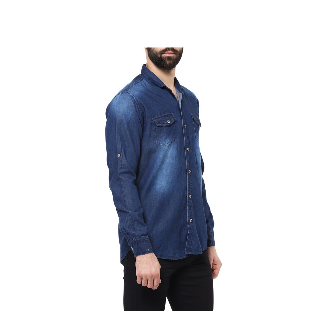 urbano fashion men's dark blue casual denim shirt