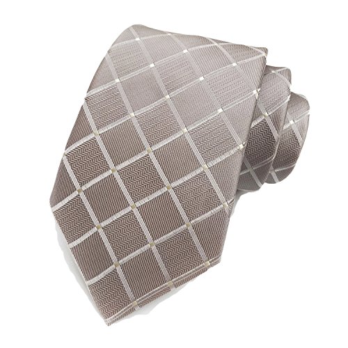 AVANTMEN Classic Plaid Striped Necktie for Men Tie + Gift Box (Plaid Tie_Beige White)