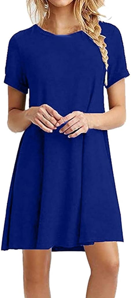 ZODRQ Women Dress,Fashion Ladies Solid O-Neck Short Sleeve Casual Swing Loose Party Dress