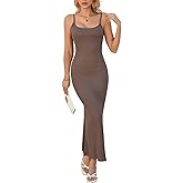 CARE LUCK Women's Bodycon Maxi Dress Sleeveless Spaghetti Strap Long with Square Neck Slim Fit Ribbed Fishtail Slip for Women