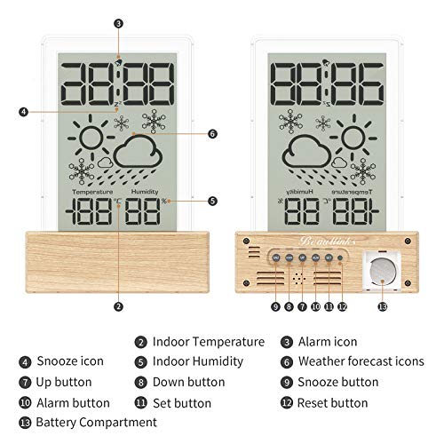 Beautlinks Stazione Meteorologico a Grana di Legno con Display LCD di Grandi per Interni con Termometro Interna, Umidità e Sveglia, per Camera da Letto da Ufficio (Inclusa 1 Batteria CR2032)