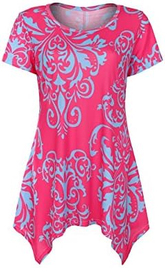 Miskely Women's Summer Short Sleeve Damask Blouse Floral Printed Irregular Hem Tunic Tops Casual Asymmetrical T Shirt