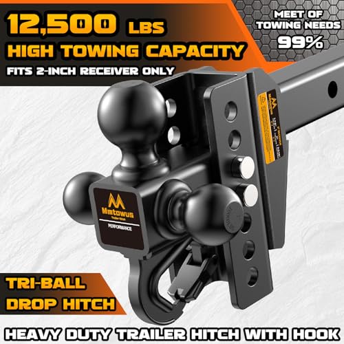 Mmtowus Adjustable Trailer Hitch - Drop Hitch Fit 2" Receiver -6" Drop/Rise | Tri Ball Mount with Hook (1-7/8'', 2'' & 2-5/16''), 12,500 LBS GTW Tow Hitch, 3 Ball Hitches for Trucks, RVs, Camper, SUV etc