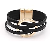 ChungLong0593 Multi-Layer Leather Bracelet with Gold - Plated Circle Charm Boho Handmade Leather Wrap Bracelet for Women Holiday Jewelry