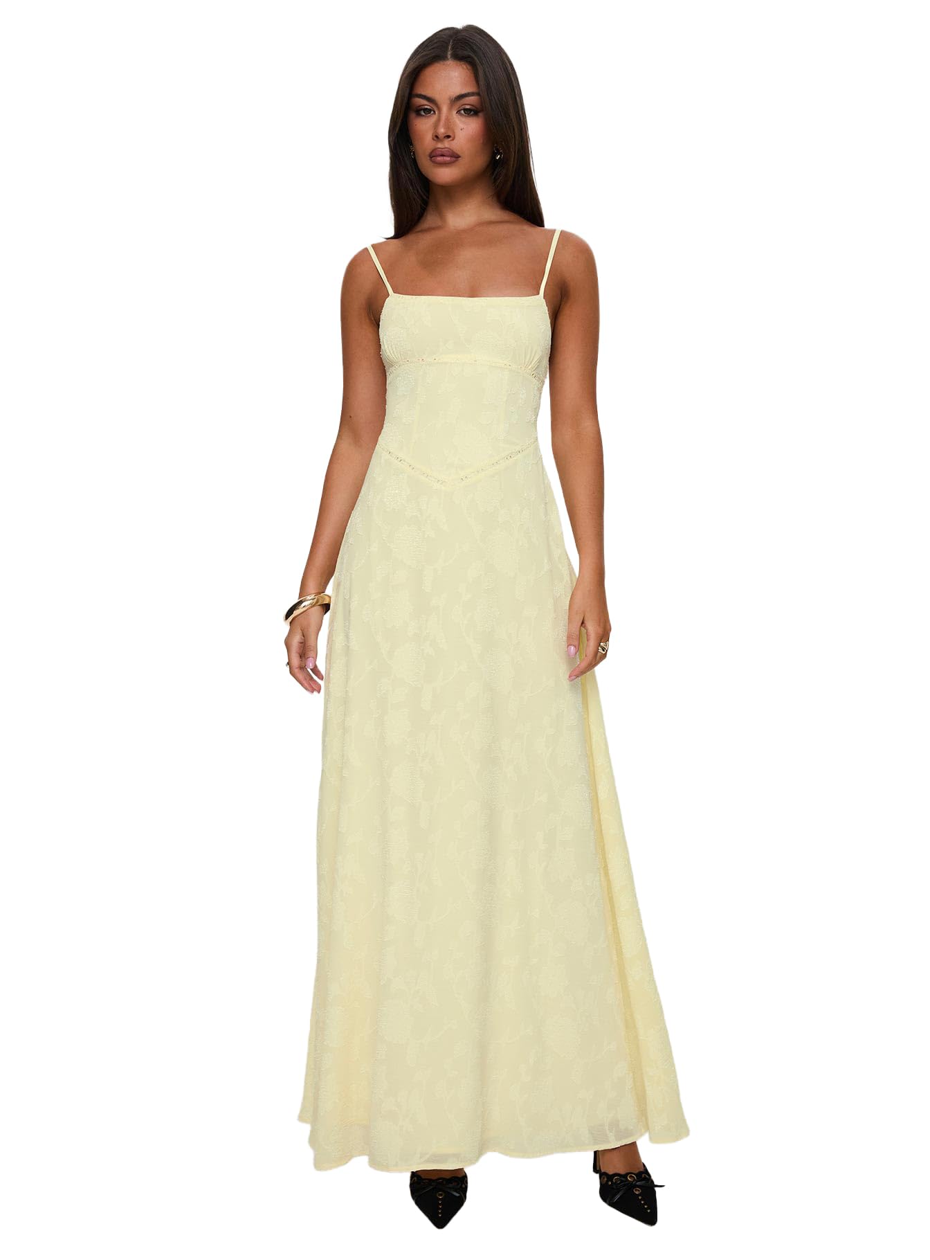Princess Polly South of France Yellow Floral Straight Neck Tie Back Maxi Dress