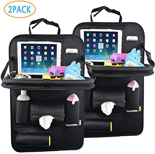 SUASI 2 Pack PU Leather Car Backseat Organizer for Baby with Tray Foldable Dining Table Desk Back Seat Tablet Ipad Holder Tissue Storage Bag Pockets for Kids Travel(2 Pack)