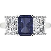 Clara Pucci 4 cttw Blue Sapphire 14K White Gold Three-Stone Ring for Women - Cocktail Statement Fashion Jewelry Gift (8x6mm, Emerald Cut)