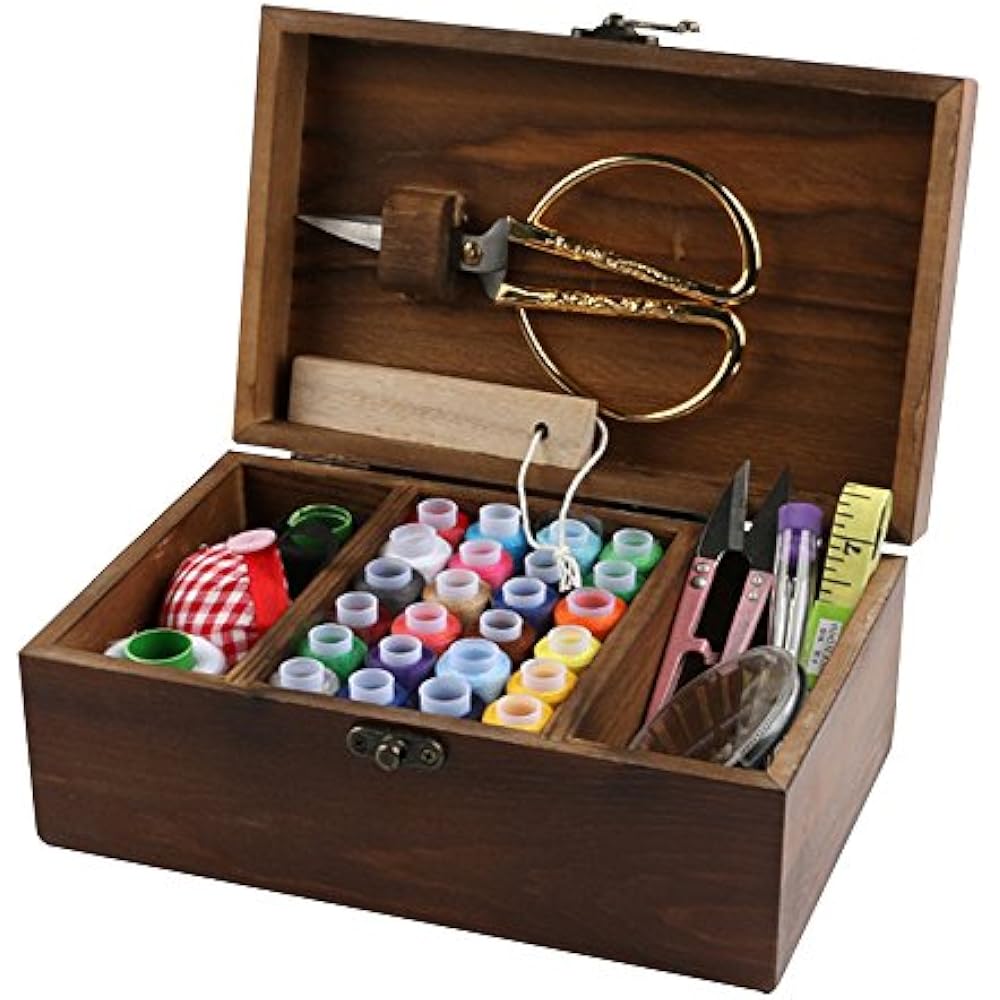 MissLytton Sewing Kit Box Basket, Wooden Hand Home Repair Tool Kit