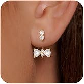 Risamil 14K Gold Plated Earrings for Women Trendy Ear Jacket Post Hanging Back Studs Adjustable Holes Dainty Lightweight Cubic Zirconia | Bow | Chain | Heart Dangle Jewelry Gifts