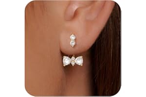 Risamil 14K Gold Plated Earrings for Women Trendy Ear Jacket Post Hanging Back Studs Adjustable Holes Dainty Lightweight Cubic Zirconia | Bow | Chain | Heart Dangle Jewelry Gifts