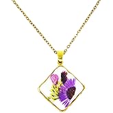 Birth Flower Necklace Gold Pressed Real Flower Pendant Symbol of Caring & Strength Gift for Women, Girls, Teens