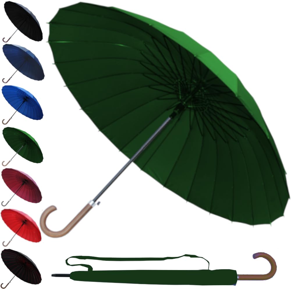 60MPH StormDefender 24 Rib Windproof Strong Umbrella - Large Umbrella for Golf, Sport and Everyday Use - Big Reinforced Frame - Automatic - Wood Hook Handle - Designer Rainproof Men Women - Dark Green