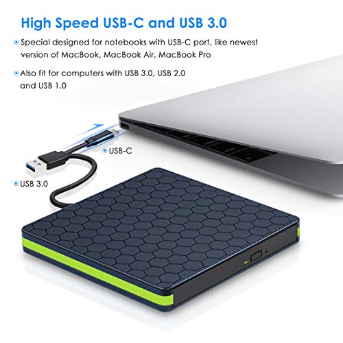 Kingbox External DVD Drive, USB 3.0 Type-C Portable CD/DVD /-RW Optical Drive Slim DVD/CD ROM Burner Writer High Speed Data Transfer Compatible with Laptop Desktop PC Windows Linux Apple Mac OS (Blue)