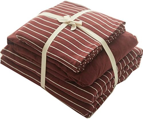 Ningkotex Wine Red White Slim Stripe Print 4Pcs Cotton Jersey Knit Duvet Cover Set Plain Dyed Wine Red King Queen Size Fitted Sheet New (King)