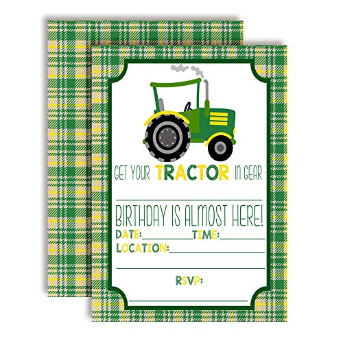 Green and Yellow Tractor Birthday Party Invitations for Boys, 20 5