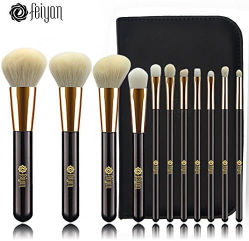 FEIYAN Professional Makeup Brushes Set High Density Bristles Foundation Powder Brushs with Flannel Case Bag and Gift Box (Black Gold)