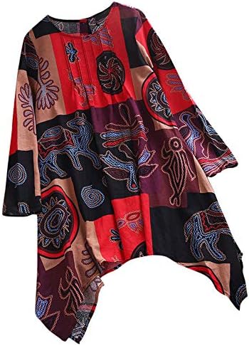 DIKEWANG Women Vintage Bohemian Print Long Sleeve Plus Size Cotton Linen Oversize Loose Irregular Hem Sleeve Baggy Jumper Casual Shirt Blouse Tunic Tops