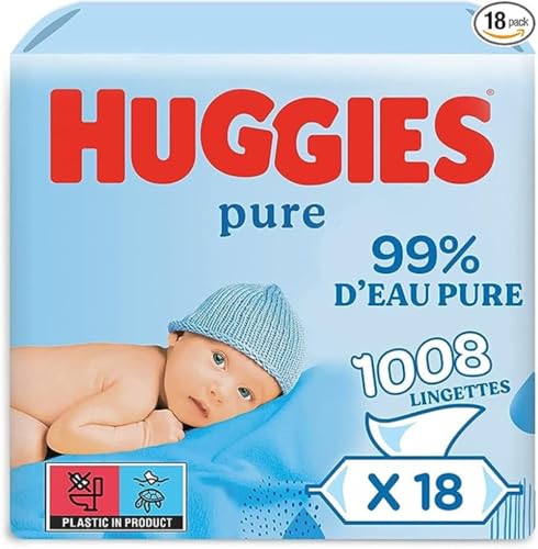 Lingettes Pure pour bébé, 18 paquets (1008 lingettes au total) - Lingettes à 99% d'eau pure - Sans parfum pour un nettoyage tout en douceur - Lingettes humides naturelles