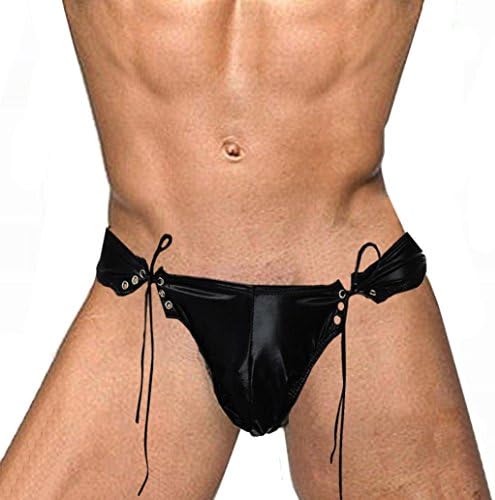 Men's Wet Look Leather G-String Bikini Thong Bandage Tie Side Underpants Novelty Role Play Underwear By Quistal
