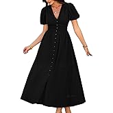 EHSUYAB Women Casual Summer Flowy Maxi Dress, A Line Deep V Puff Sleeve Dresses, Empire Waist Smocked Wedding Guest Outfit