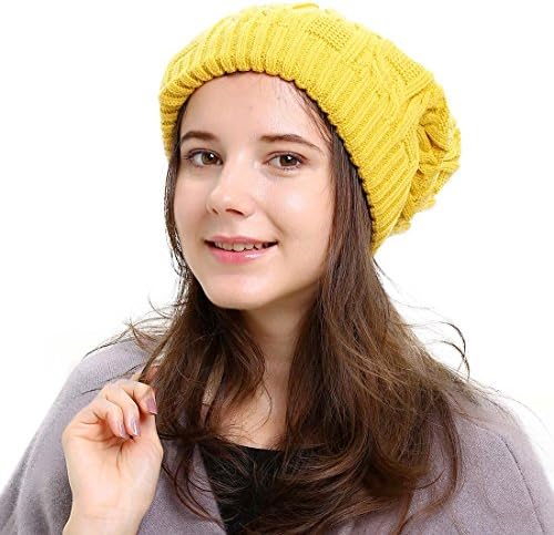 Unisex Trendy Warm Oversized Chunky Soft Cable Knit Slouchy Beanie Hat Double Layer, Yellow, OS