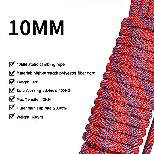 BRYUBR 10mm(3/8") Outdoor Climbing Rope | Red Static Rock Climbing Rope | 10M(32ft) Fire Escape Rope | Ice Climbing Equipment Safety Rescue Parachute Rope - Thumbnail 2