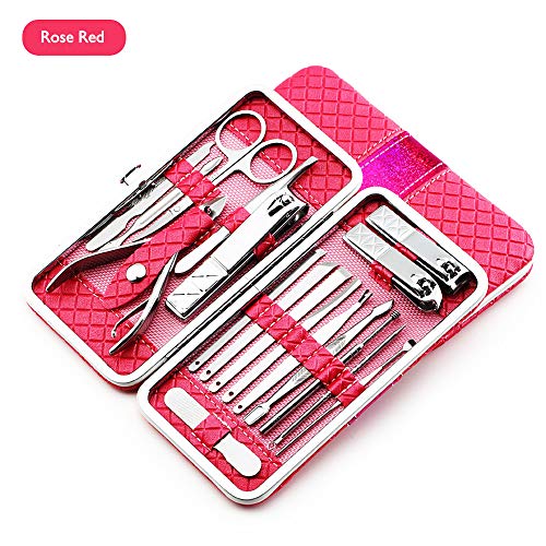 ONDY Professional Stainless Steel Nail Clipper Set Nail Tools Manicure & Pedicure Set of 18pcs - Travel & Grooming Kit with Fine PU Leather Travel Case (Rose Red)