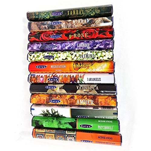 Satya Assorted Hex Incense Sticks Pack Of 15 Incense Sticks for Meditation, Yoga, Relaxation, Healing and Positivity.