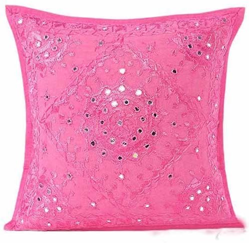 Jaipuri Handloom Crafts JHC Pink Chery Mirror Embroidered Decorative Sofa Throw Pillow Cushion Cover Bohemian 1616 Inches