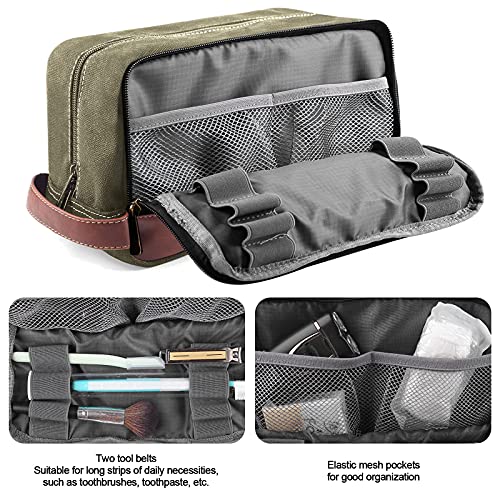 SEEMEROAD Toiletry Bag Canvas for Men / Women Traveling Cosmetic Bag Dopp Kit Leather Shaving Organizer Hygiene (L - Military Green)