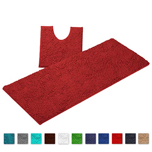 LuxUrux Bathroom Rugs Luxury Chenille 2 Piece Mats, Soft Plush 27''x47'' Bath Rug + Toilet Mat.1'' Microfiber Shaggy Carpet, Super Absorbent mats, Machine Washable (Curved Runner Set, Red)