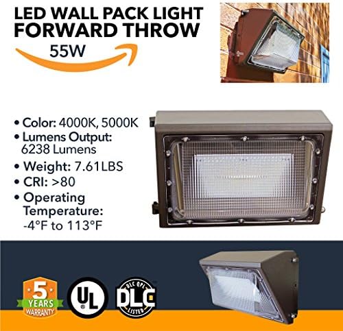 55W Wall Pack LED - 6238 Lumens, LED Powered Outdoor Wall Pack Lights - Commercial or Industrial Security Lighting - 5000K - (UL + DLC)