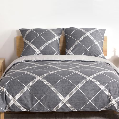 ATsense Bettwäsche 135x200 Baumwolle, 4 teilig Wende Bettwäsche-Sets mit Grau Gittermuster, ÖKO-TEX Weiche 2 Bettbezug Set mit Reißverschluss und 2 ma