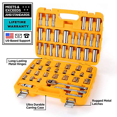 STEELHEAD 52-Piece Mechanics Tool & Socket Set (ANSI Grade), SAE & Metric, 3/8" 72-Tooth Quick-Release Ratchet, Standard & Deep 6 & 12 Pt. Sockets, Universal Joint & Extensions, Heavy-Duty Case