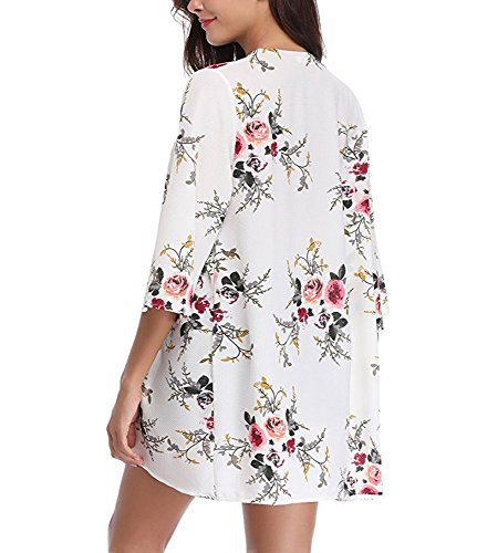 PopStore Women's Floral Print Sheer Kimono Cardigan Capes Chiffon 3/4 Sleeve Patchwork Casual Cover up Blouse Tops - Thumbnail 5