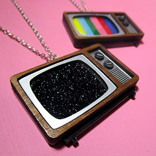 Retro CRT TV Broadcast SMPTE Color Test or Static Detailed Pendant Necklace, Twilight Zone, Classic Television Mod Jewelry