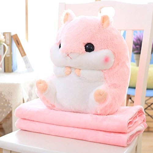 2 in 1 Cute Hamster Pillow with Fleece Blanket/ Back Support Cushion Sleeping Pillow Plush Toys Doll Gifts for Baby Kids Adults by Melissa (pink)