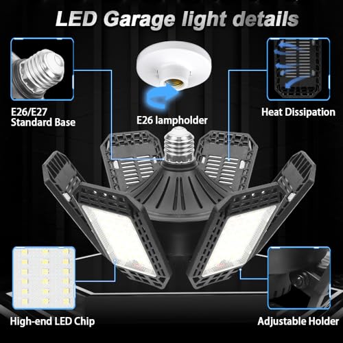 AUDLES 2 Pack Garage Lights, 200W 20000LM 6500K LED Shop Lights, Garage Light Ceiling Led with 6+1 Deformable Panels, Screw in E26/E27 Socket Bulb for Warehouse, Workshop, Basement, Barn Lighting