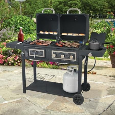 review Durable Outdoor Barbeque & Burger Gas/charcoal Grill Combo Comes with a Chrome Plated Warming Rack and a Porcelain Heat Plate,3-burner Grill with Integrated Ignition and Also Has a Handy Tool Holders