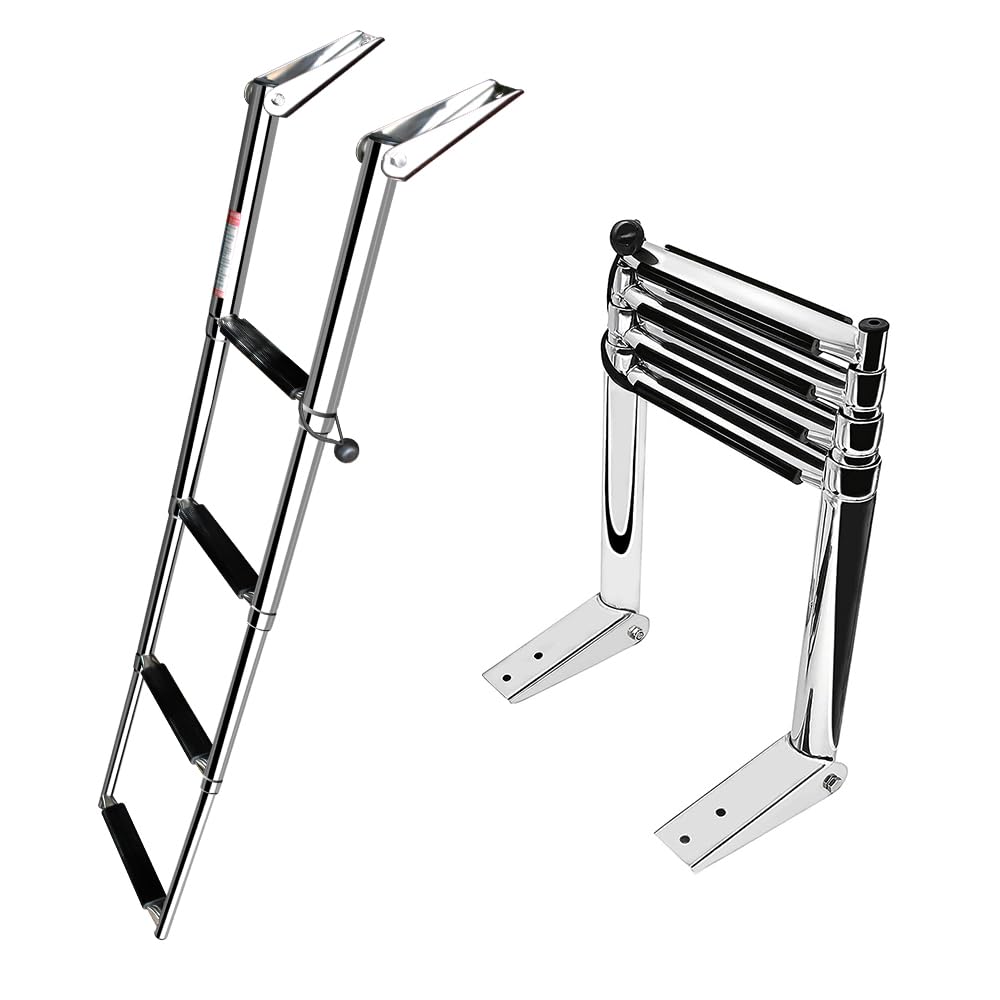 Photo 1 of Stainless Steel Telescoping Folding Ladder Rear Entry Inboard Ladder All Welded Reinforce Swimming Deck Ladder with Wide Steps and Strong Handrails (4 Steps)