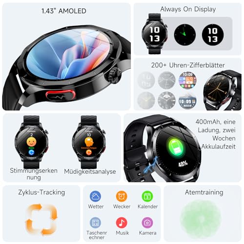 Lgnitek 2026 Men's Smartwatch with ECG/HRV/BMI/Uric Acid, 1.43 Inch AMOLED Health Watch with 24H Blood Pressure SpO2 Body Temperature Sleep Monitor SOS Emergency Call Fitness Watch for Android/iOS