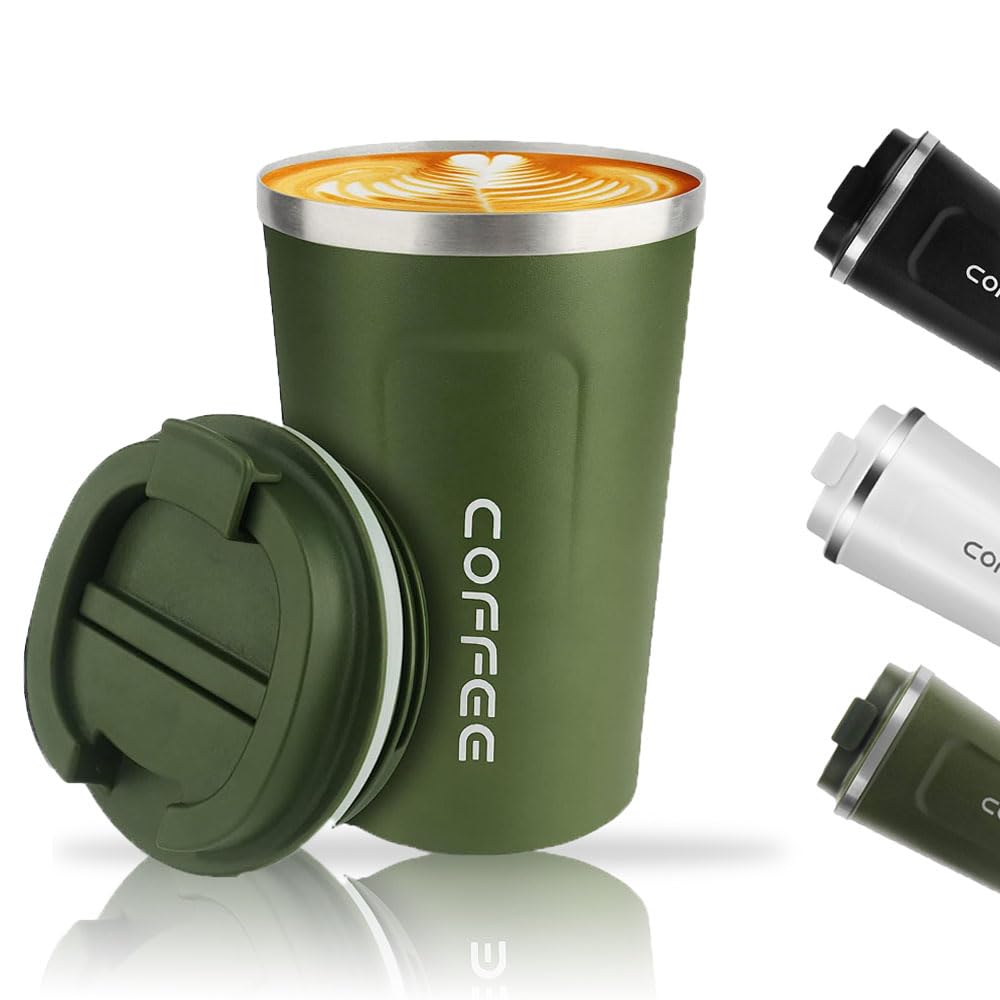 Basuit Stainless Steel Travel Mug, 380 ML, Green, Leakproof, Double Walled, Insulated, Reusable, Cylindrical Mug, 3.8E+2 ML, 14.5 cm x 5.7 inches