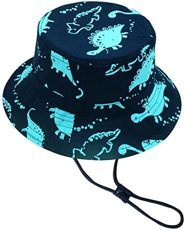 Kid's Bucket Hat Summer Sun Protection Adjusted Drawstring Strap Boys Fishman Cap With Dinosaur Pattern 2-3 Years Old