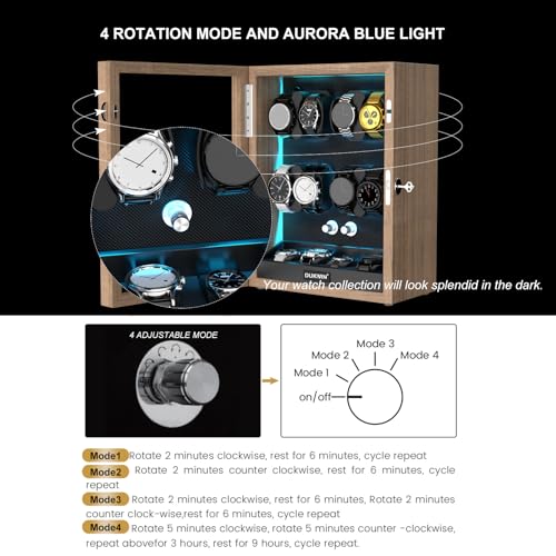 DUKWIN Watch Winder for 4/6/8/12 Automatic Watches, Lockable Automatic Winders with Extra 4/6 Watch Storages, 4 Rotation Modes, Quiet Mabuchi Motor, Sfot Watch Pillows and Blue Backlight