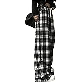 Womens Casual Plaid Baggy Jeans High Waisted Goth Grunge Pants Y2K Clothing Drawstring Pants Streetwear