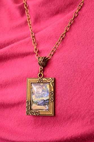 Oriental Van Gogh Starry Night Pendant, art jewelry, moon and stars necklace, Gift for her,( painting, post-impressionist, Rectangular)